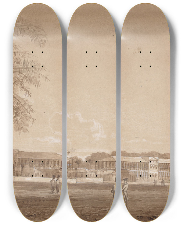Triptych art skateboard deck of Michel Jean Cazabon St James Barracks by Michel Jean Cazabon (1813-1888)