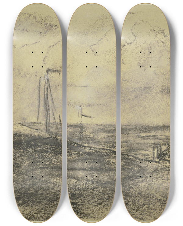 Triptych art skateboard deck of Max Liebermann Blick Auf Den Strand Mit Booten by Max Liebermann (1847-1935)