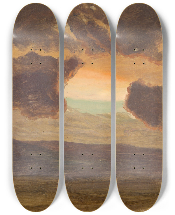 Triptych art skateboard deck of Frederic Edwin Church Sunset Over Bare Hills by Frederic Edwin Church (1826-1900)