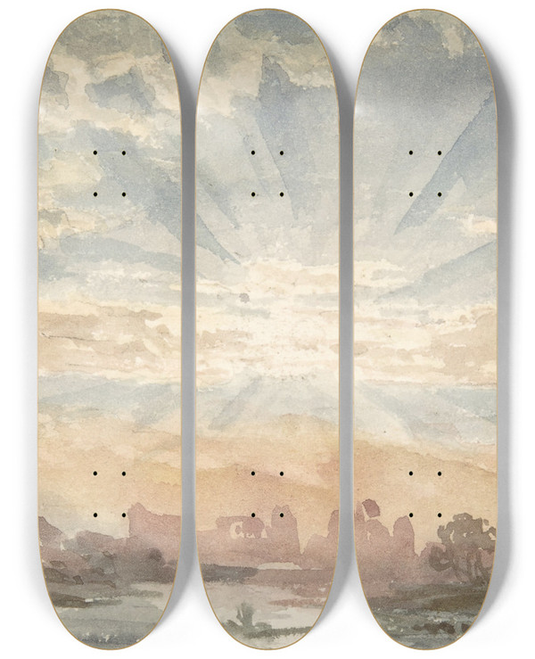 Triptych art skateboard deck of Joseph Michael Gandy Landscape With Rising Sun by Joseph Michael Gandy (1771-1843)