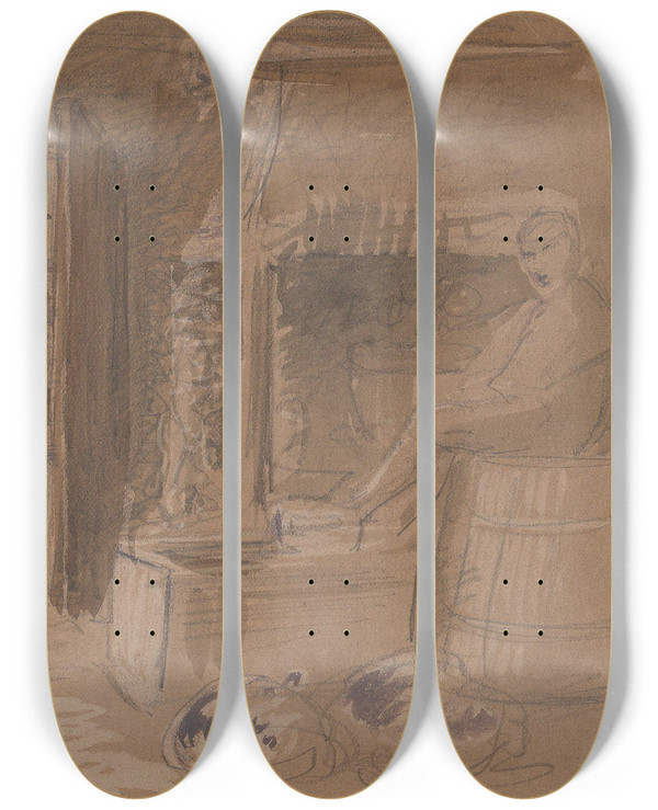 Triptych art skateboard deck of Adolph Tidemand Kitchen Interior With Figures by Adolph Tidemand (1814-1876)