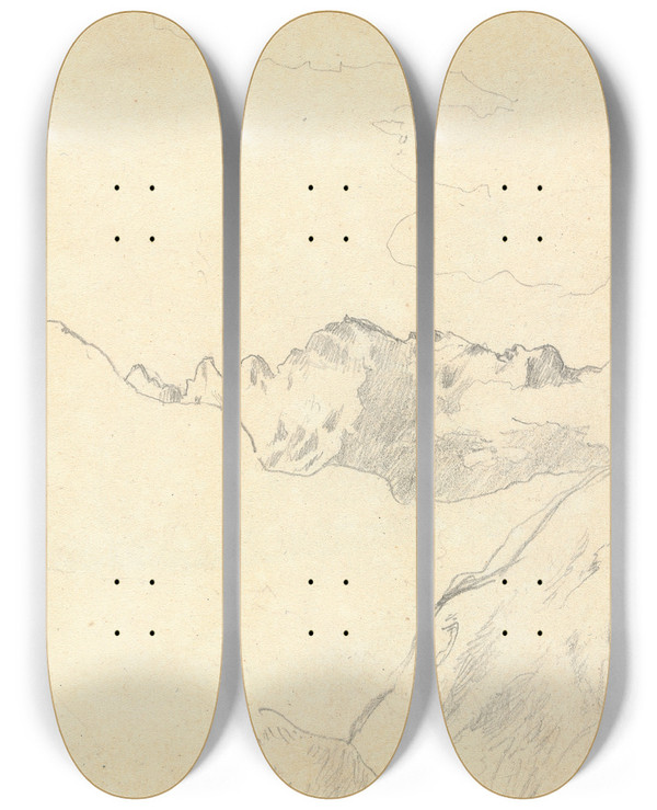 Triptych art skateboard deck of Thomas Bradshaw Sketch Of Mountains And Clouds by Thomas Bradshaw (1767)