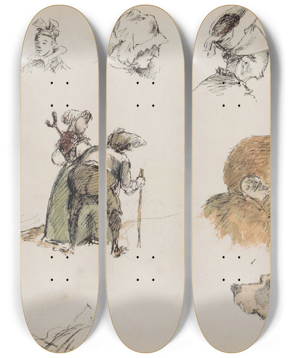Triptych art skateboard deck of Marius Bauer Figuur En Dierstudies by Marius Bauer (1867-1932)