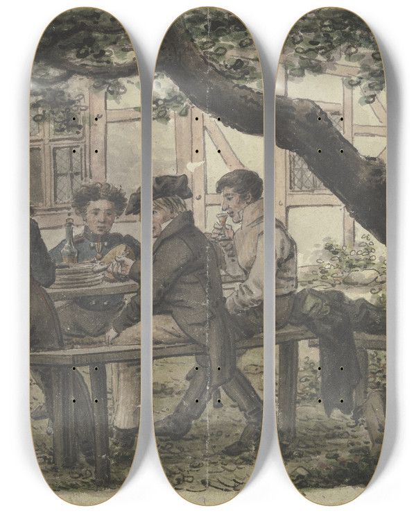 Triptych art skateboard deck of Carl Zimmermann Freiwillige Bei Der Rast Im Wirtshausgarten by Carl Zimmermann (1863-1930)