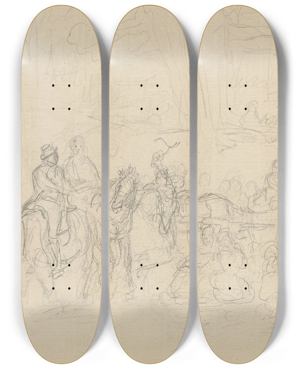 Triptych art skateboard deck of Adolph Tidemand Figruscene Med Ryttere by Adolph Tidemand (1814-1876)