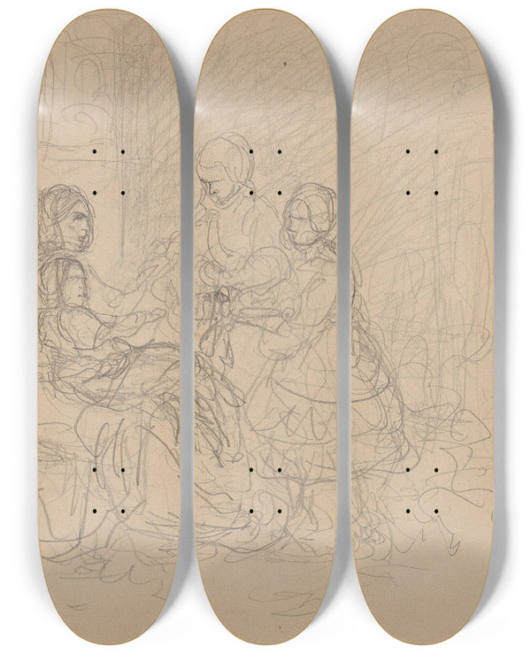 Triptych art skateboard deck of Adolph Tidemand Figurscene I Interir_2 by Adolph Tidemand (1814-1876)