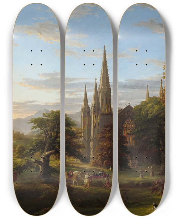 Triptych art skateboard deck of Thomas Cole The Return by Thomas Cole (1801-1848)