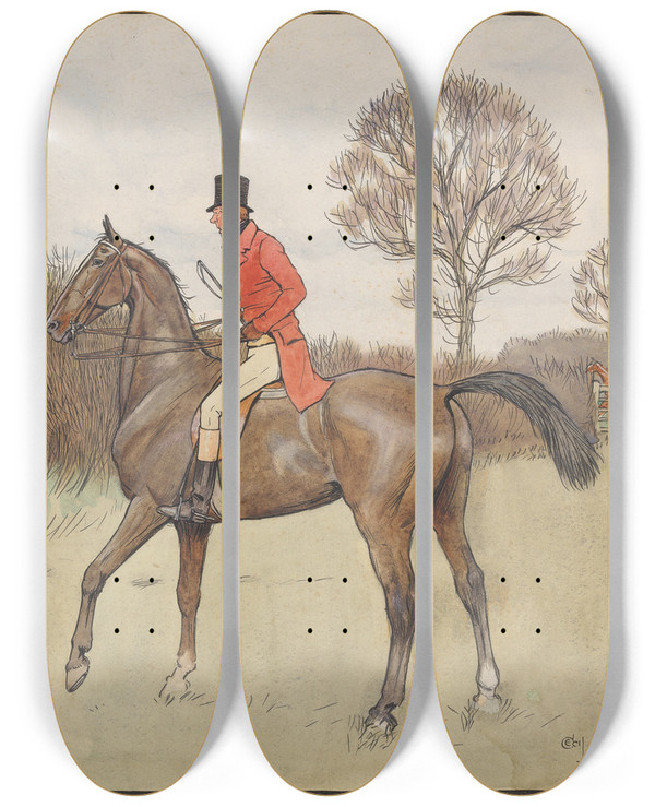 Triptych art skateboard deck of Cecil Charles Windsor Aldin Ar Never Gets Off Hunting Scene by Cecil Charles Windsor Aldin (1870-1935)