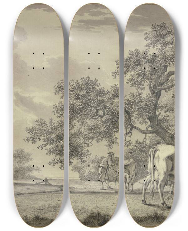 Triptych art skateboard deck of Bernhard Hendrik Thier Unter Einem Baum Ein Bauer Bei Zwei Khen by Bernhard Hendrik Thier (1743-1811)