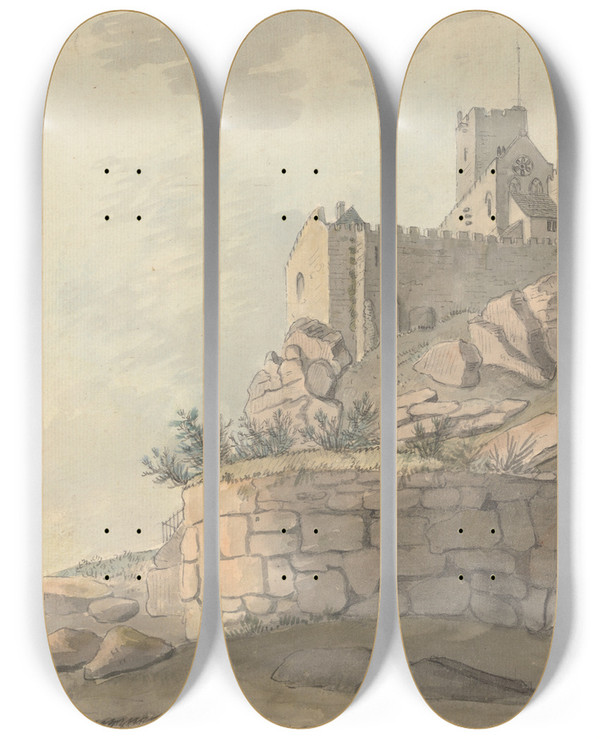 Triptych art skateboard deck of Capt Francis Grose Chapel Of St Michaels Mount by Capt Francis Grose (1731-1791)