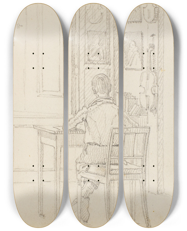 Triptych art skateboard deck of Martinus Rrbye Interir Med Siddende Dreng Set Fra Ryggen by Martinus Rorbye (1803-1848)