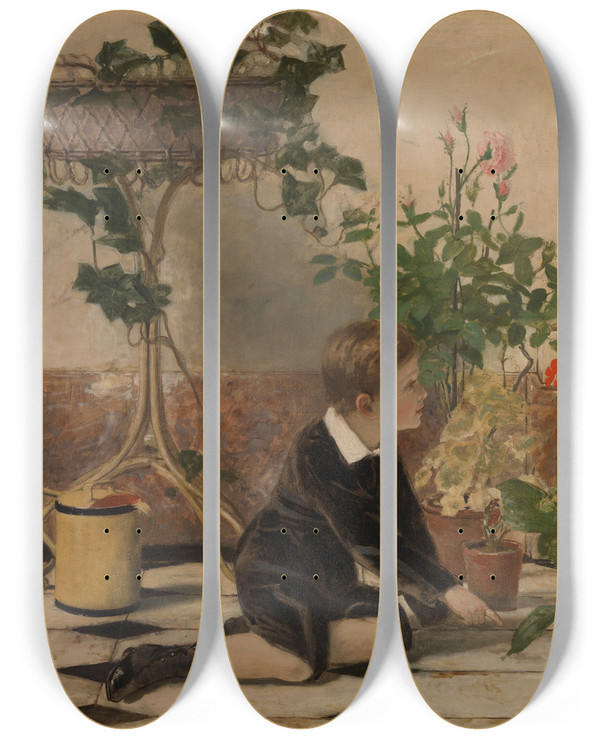 Triptych art skateboard deck of Jan Verhas Two Children by Jan Verhas (1834-1896)