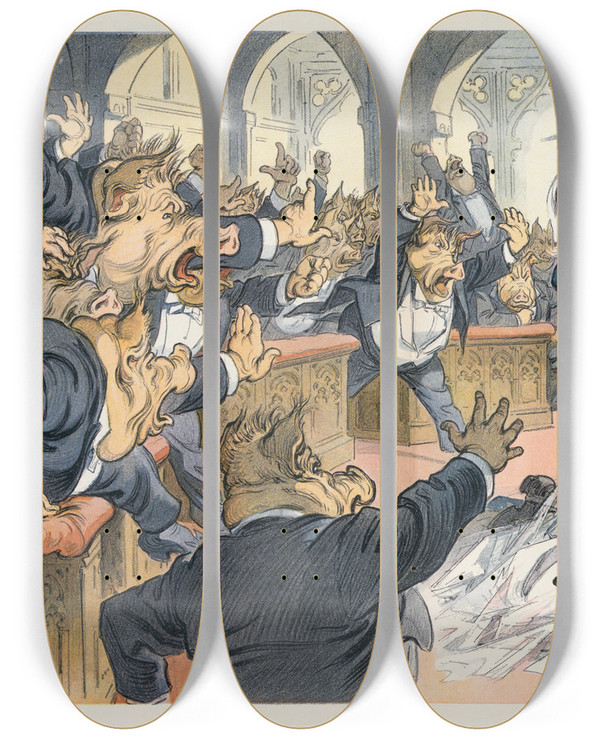 Triptych art skateboard deck of Udo Keppler The Interrupted Ceremony by Udo Keppler (1872-1956)