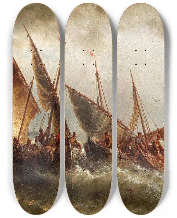 Triptych art skateboard deck of Albert Rieger Fishermen At Work by Albert Rieger (1934-1905)