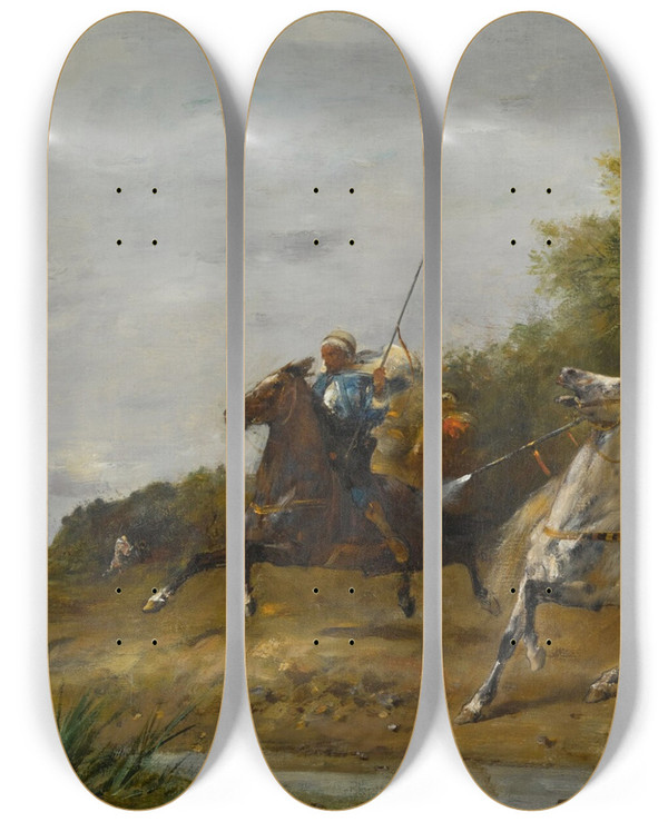 Triptych art skateboard deck of Eugne Fromentin The Boar Hunt by Eugene Fromentin (1820-1876)