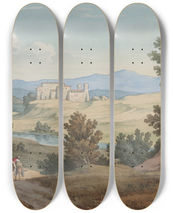 Triptych art skateboard deck of Gustaf Wilhelm Palm The Villa Pasino by Gustaf Wilhelm Palm (1810-1890)
