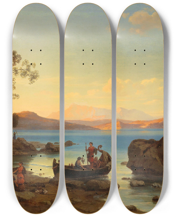 Triptych art skateboard deck of Max Schmidt Coastal Landscape With Amazons by Max Schmidt (1818-1901)