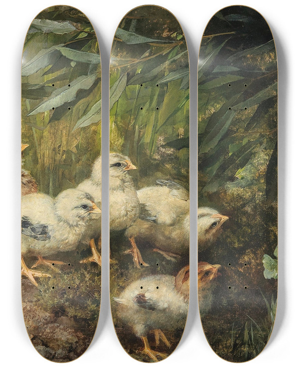 Triptych art skateboard deck of Franz Xaver Birkinger Chicks And A Butterfly by Franz Xaver Birkinger (1822-1906)