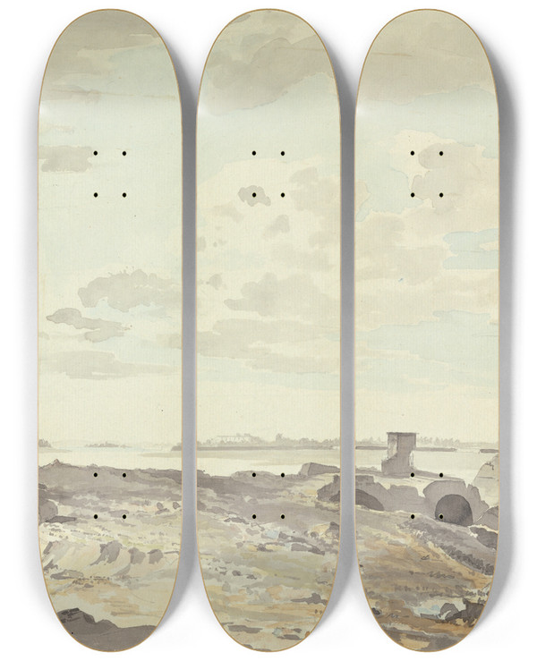 Triptych art skateboard deck of Samuel Davis Ruined Fort On A River by Samuel Davis (1757-1819)