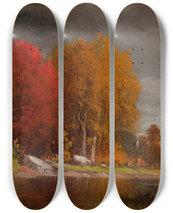 Triptych art skateboard deck of Junius Ralston Sloan Hudson River Landscape In Autumn by Junius Ralston Sloan (1827-1900)