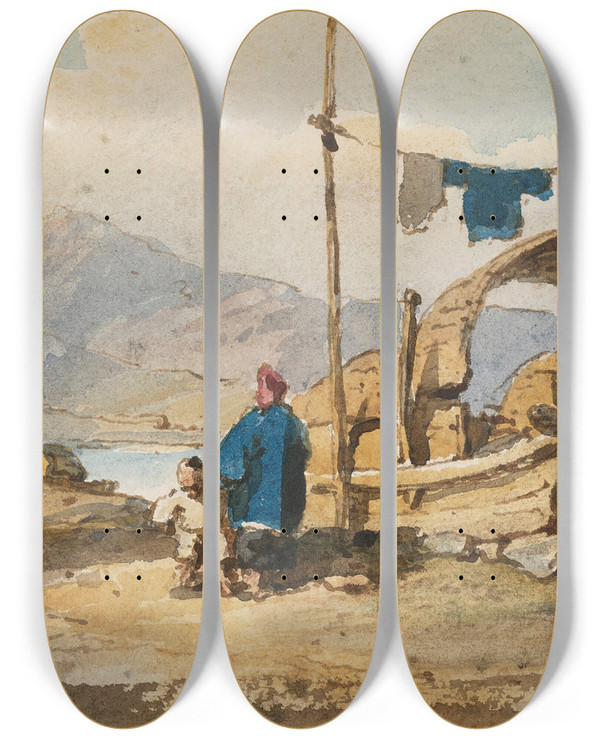 Triptych art skateboard deck of George Chinnery Figures By A Boat Dwelling On The Beach Macau by George Chinnery (1774-1852)