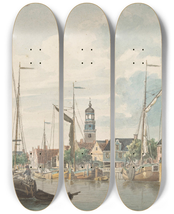 Triptych art skateboard deck of Jan Weissenbruch Gezicht Te De Lemmer by Jan Weissenbruch (1822-1880)