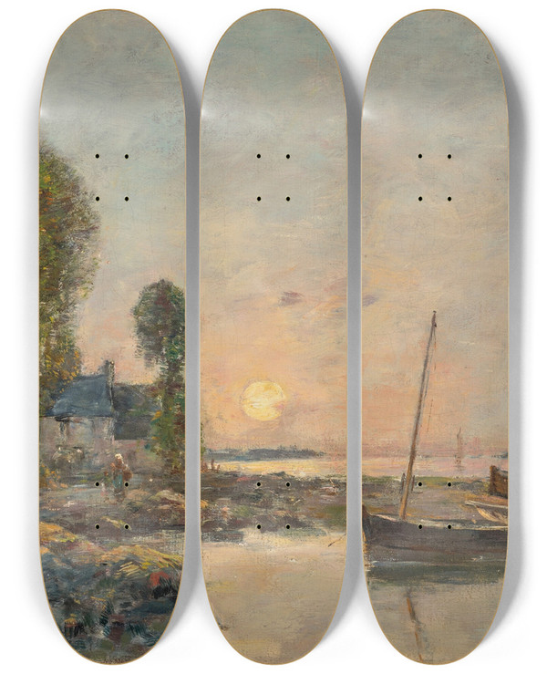 Triptych art skateboard deck of Eugne Boudin Plougastel Le Passage Du Bac_2 by Eugene Boudin (1824-1898)