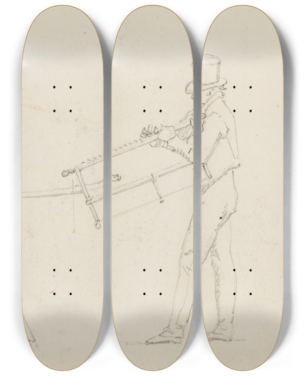 Triptych art skateboard deck of Martinus Rrbye Mand Ved En Savbuk Holdende En Sav by Martinus Rorbye (1803-1848)