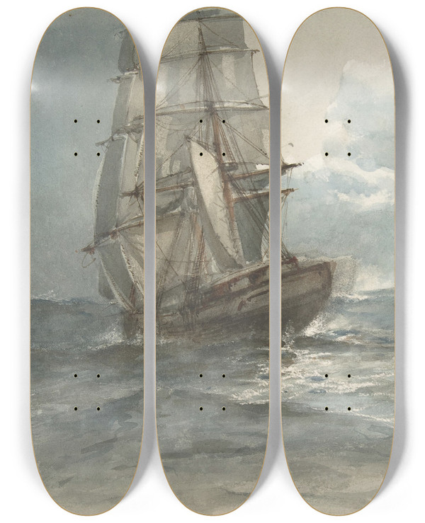 Triptych art skateboard deck of Albert Ernest Markes Ship At Sea by Albert Ernest Markes (1865-1901)