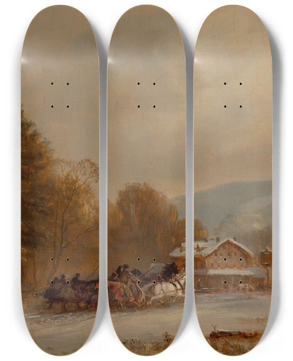 Triptych art skateboard deck of James Brade Sword The Winter Race by James Brade Sword (1839-1915)