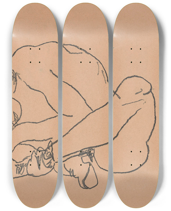 Triptych art skateboard deck of Egon Schiele Squatting Woman_2 by Egon Schiele (1890-1918)