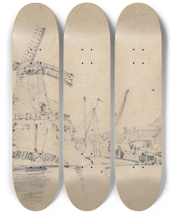 Triptych art skateboard deck of John Sell Cotman River And Windmill by John Sell Cotman (1782-1842)