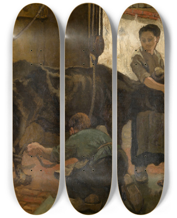 Triptych art skateboard deck of Jan Stobbaerts Slaughterhouse_2 by Jan Stobbaerts (1838-1914)