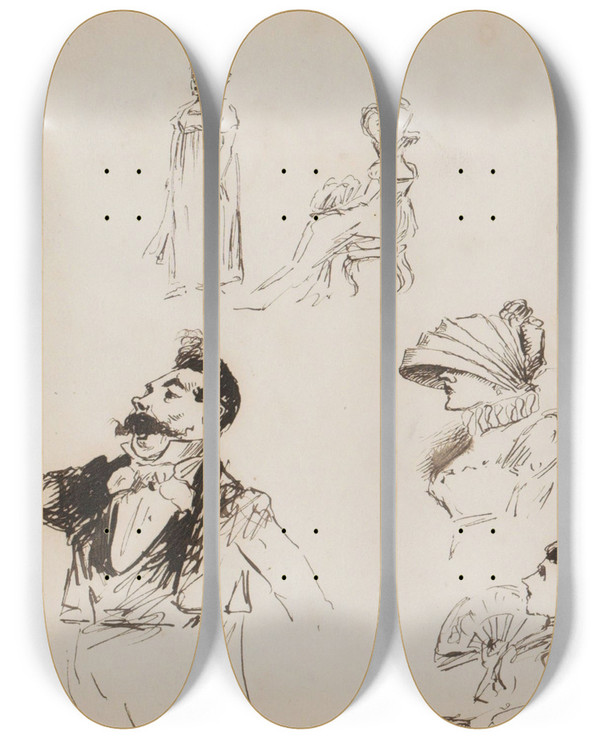 Triptych art skateboard deck of Marius Bauer Figuurstudies by Marius Bauer (1867-1932)