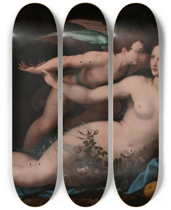 Triptych art skateboard deck of Alessandro Allori Venus Disarming Cupid by Alessandro Allori (1535-1607)