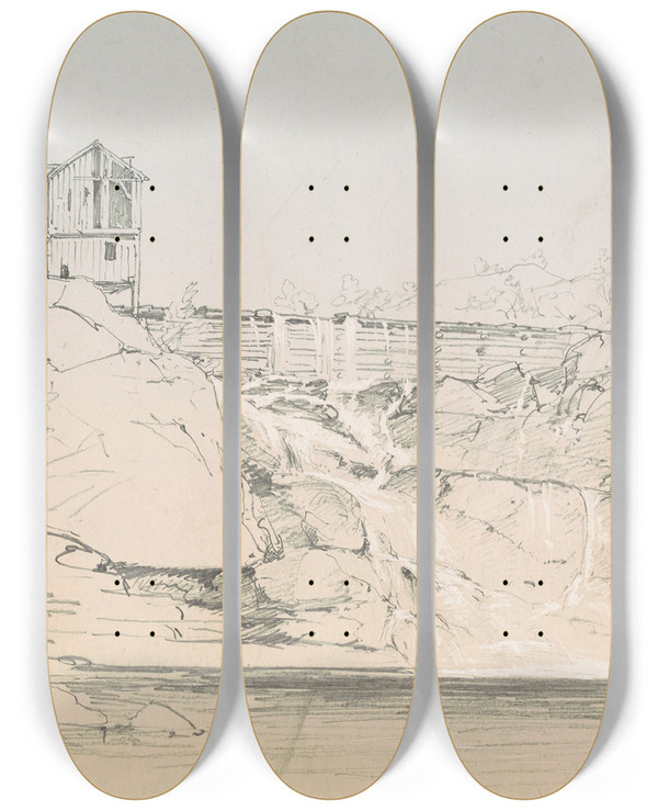 Triptych art skateboard deck of John Frederick Kensett Building By A Dam by John Frederick Kensett (1816-1872)