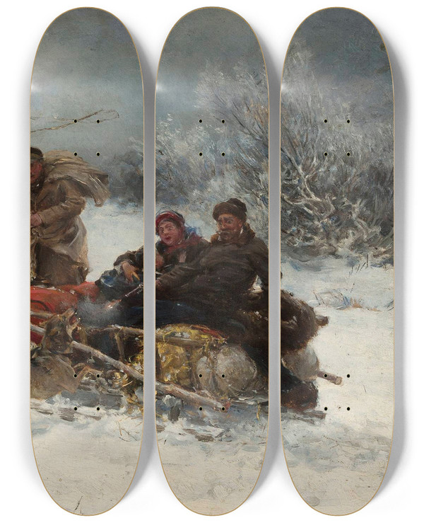 Triptych art skateboard deck of Alfred Von Wieruszkowalski Wolves Attacking A Sleigh by Alfred Von Wierusz-Kowalski (1849-1915)