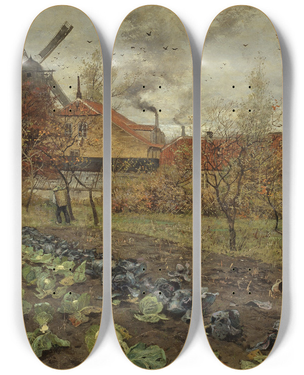 Triptych art skateboard deck of Frits Thaulow View Of Amerikavej In Copenhagen by Frits Thaulow (1847-1906)