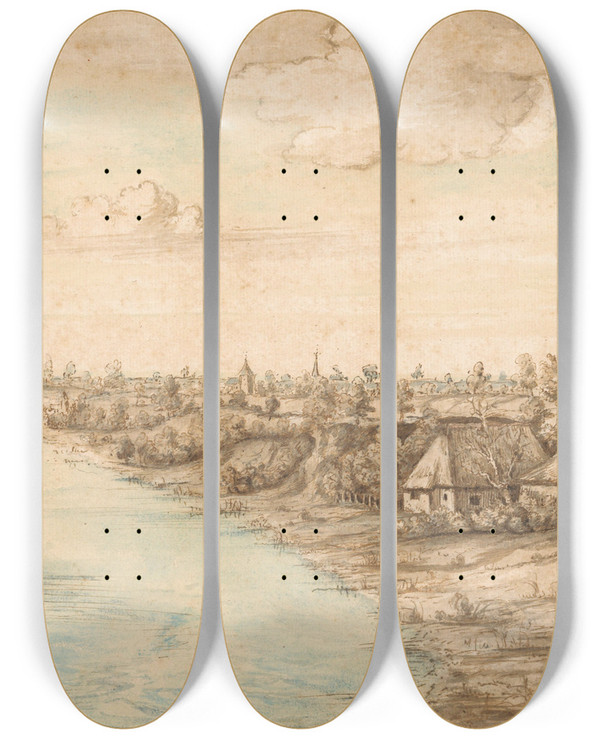 Triptych art skateboard deck of Lucas Van Uden Rivierlandschap by Lucas Van Uden (1595-1672)