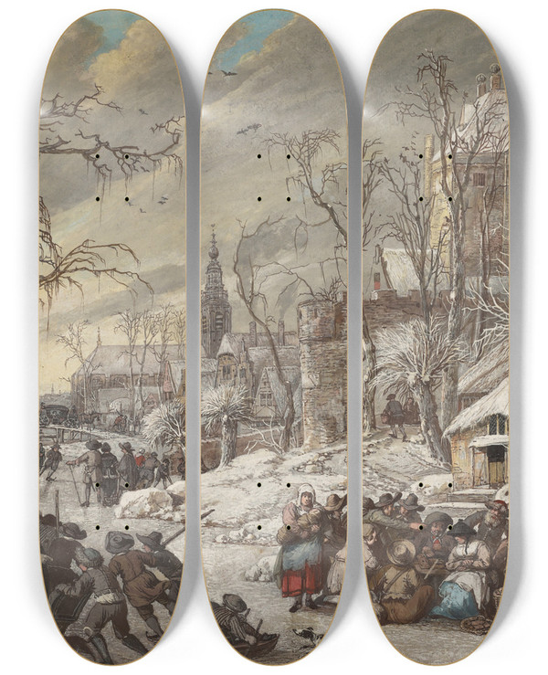 Triptych art skateboard deck of Gerrit Battem Figures On A Frozen Canal by Gerrit Battem (1636-1684)