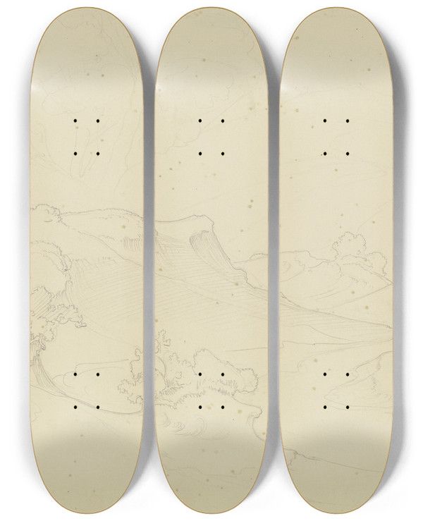 Triptych art skateboard deck of August Lucas Sabin Mountains by August Lucas (1803-1863)