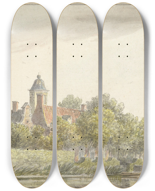 Triptych art skateboard deck of Martinus Van Der Jagt Pauwentuin Aan De Amstel by Martinus van der Jagt (1747-1805)