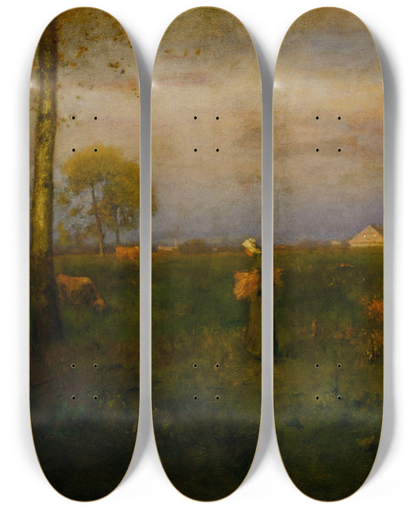 Triptych art skateboard deck of George Inness Sundown by George Inness (1825-1894)