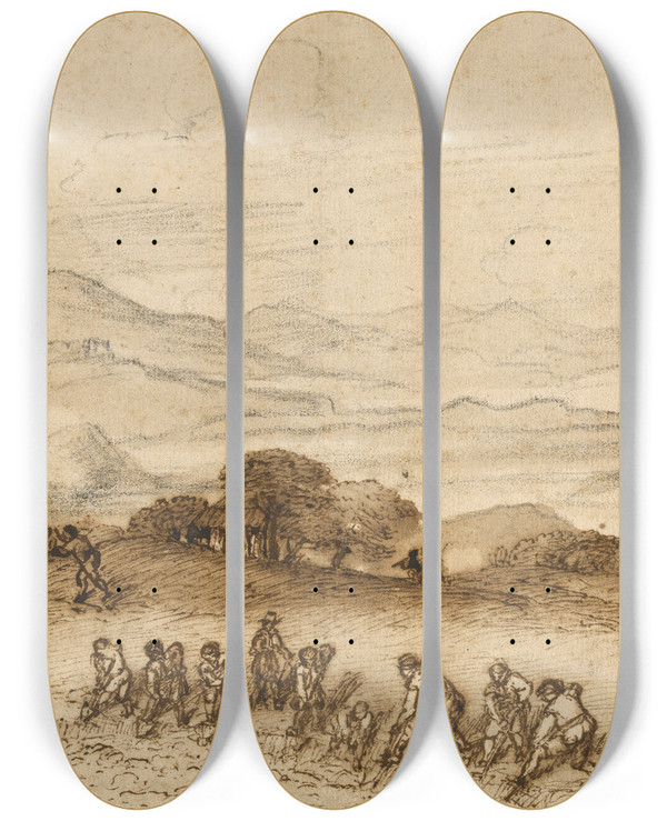 Triptych art skateboard deck of Claude Lorrain Landscape In Latium With Farm Laborers by Claude Lorrain (1604-1682)