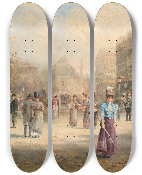 Triptych art skateboard deck of Emil Barbarini A Scene In Paris by Emil Barbarini (1855-1933)