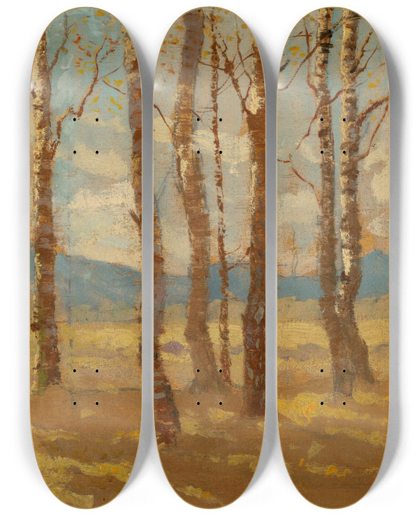 Triptych art skateboard deck of Ferdinand Katona Birches In Autumn by Ferdinand Katona (1864-1932)