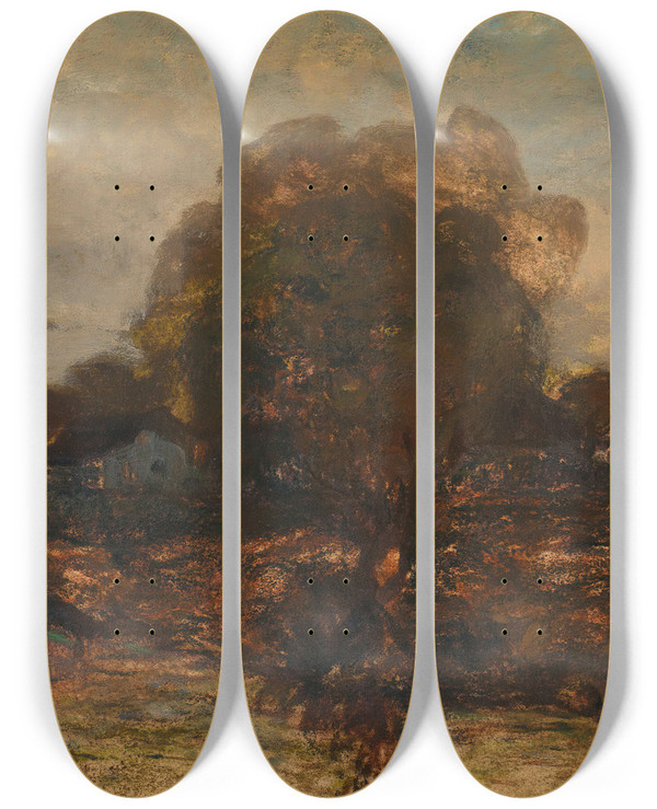 Triptych art skateboard deck of Adolf Hlzel Flusslandschaft Mit Dorf by Adolf Holzel (1853-1934)