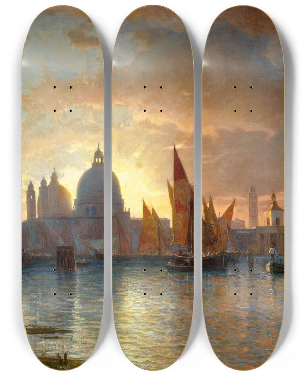Triptych art skateboard deck of William Stanley Haseltine Santa Maria Della Salute Sunset by William Stanley Haseltine (1835-1900)