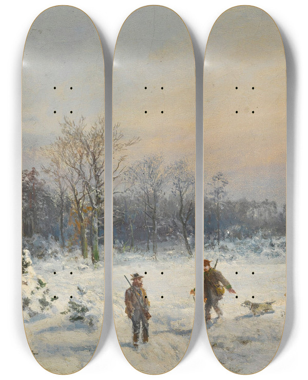Triptych art skateboard deck of Bernhard Mhlig Hunters In The Snow by Bernhard Muhlig (1829-1910)