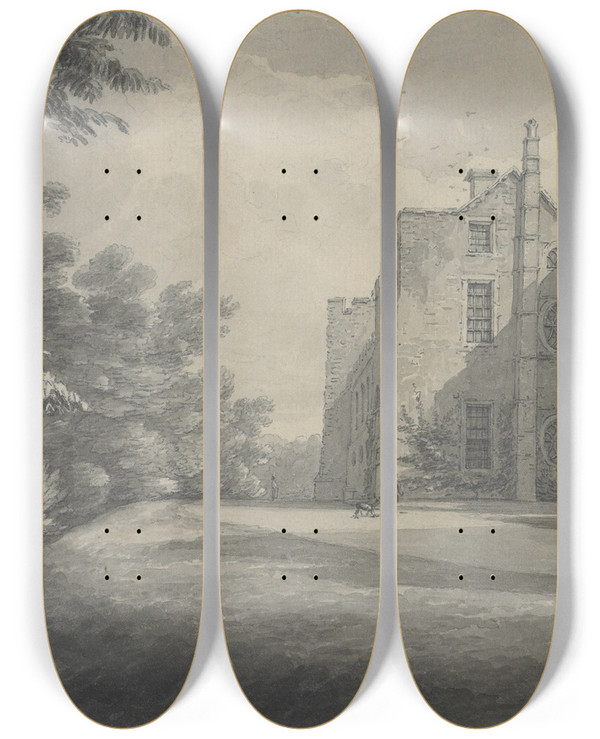 Triptych art skateboard deck of Thomas Hearne Greystoke Castle by Thomas Hearne (1744-1817)